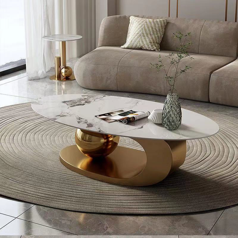 Oval Coffee Table with Stainless Steel Base Made of Rock Sheet