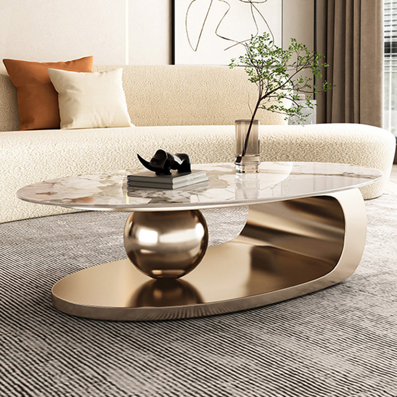 Oval Coffee Table with Stainless Steel Base Made of Rock Sheet