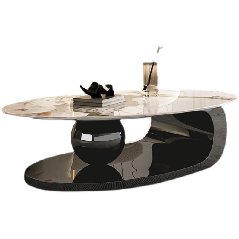 Oval Coffee Table with Stainless Steel Base Made of Rock Sheet