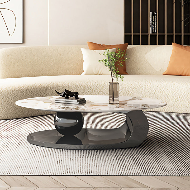 Oval Coffee Table with Stainless Steel Base Made of Rock Sheet