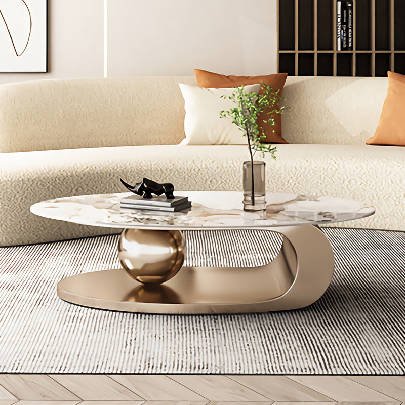 Oval Coffee Table with Stainless Steel Base Made of Rock Sheet