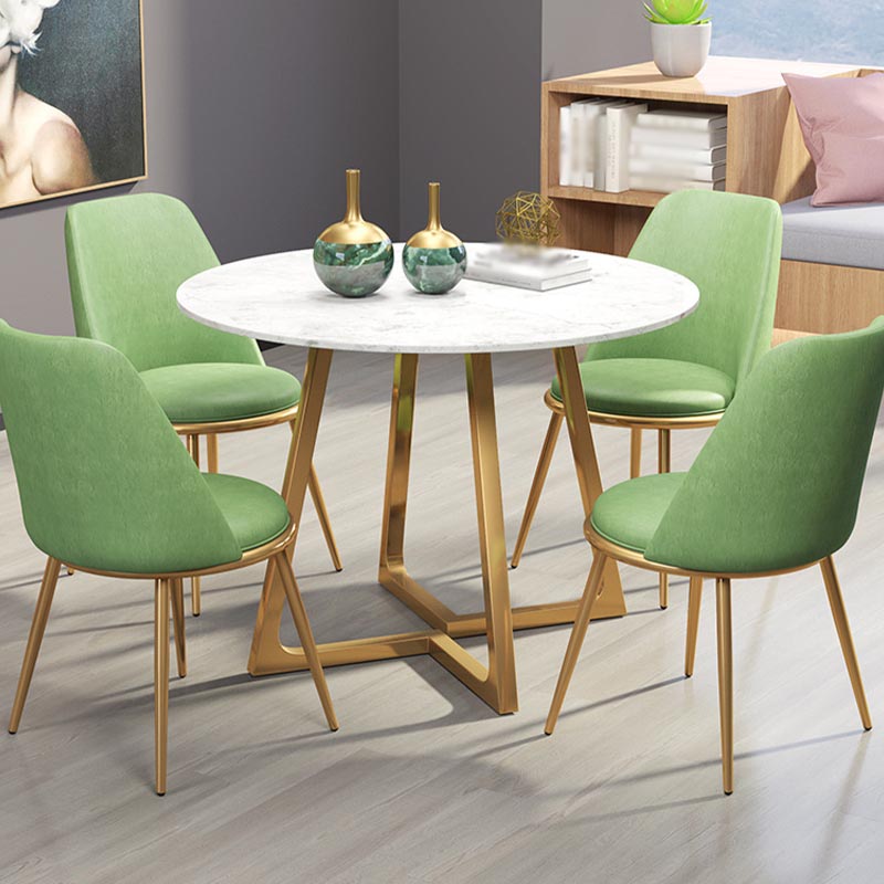Glam Style Round Stone Top Kitchen Table Gold Base Dining Table in White