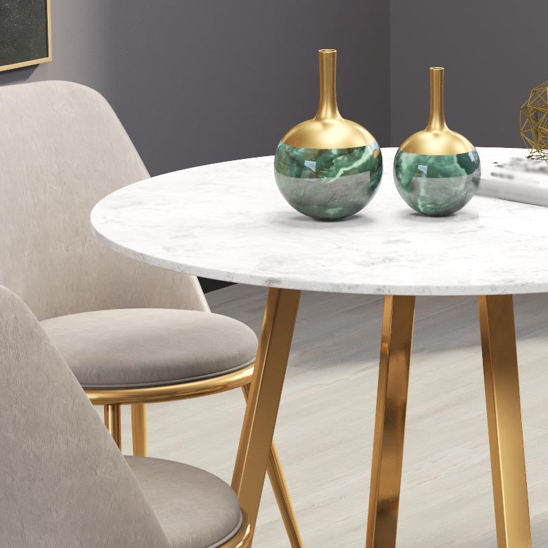 Glam Style Round Stone Top Kitchen Table Gold Base Dining Table in White