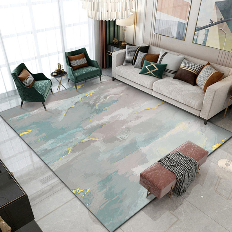 Green Contemporary Rug Polyester Abstract Print Rug Washable Rug for Drawing Room