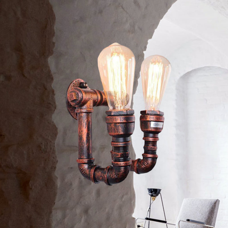 Antiqued Piping Wall Mount Light 2 Lights Metal Sconce Lamp Fixture in Copper for Stairway
