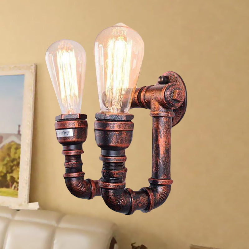 Antiqued Piping Wall Mount Light 2 Lights Metal Sconce Lamp Fixture in Copper for Stairway