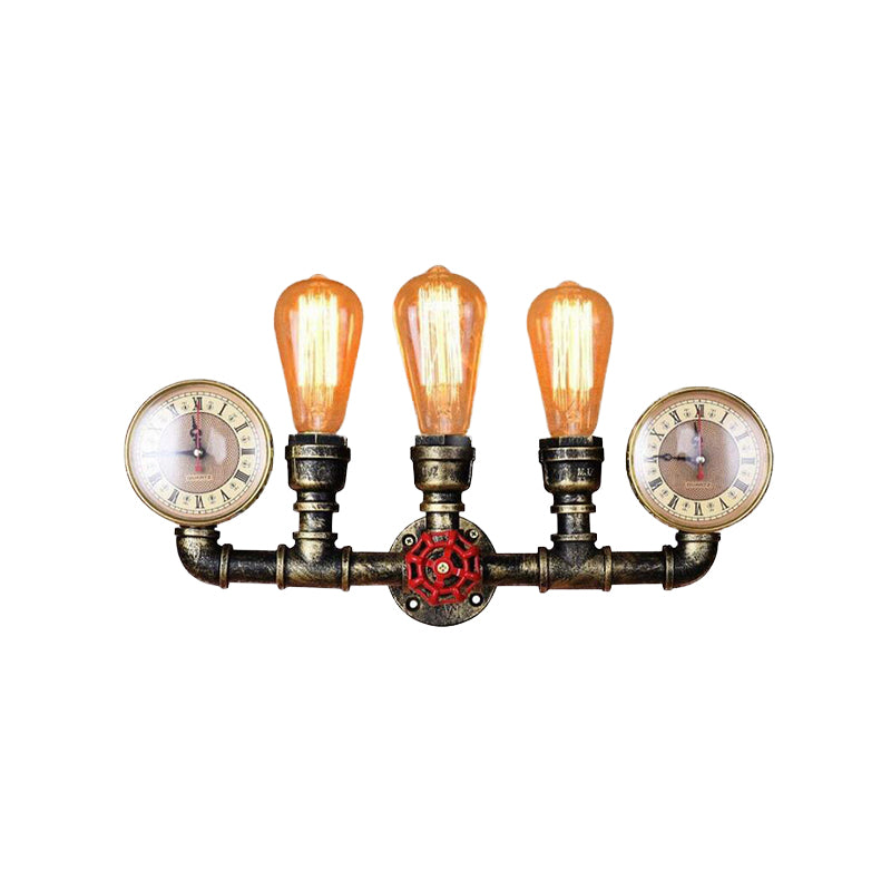 3-Head Iron Wall Lighting Industrial Brass Bare Bulb Hallway Wall Mount Pipe Lamp with Valve and Gauge Deco
