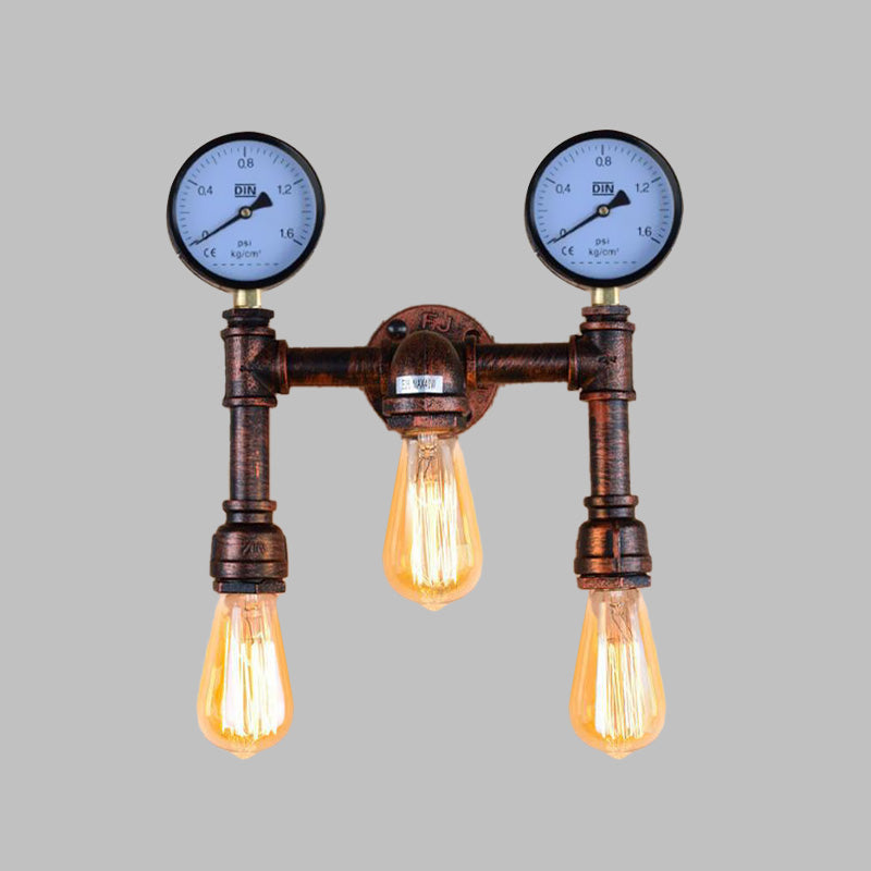 3 Bulbs Wall Light Fixture Vintage Water Pipe Metal Wall Sconce Lamp in Copper with 2-Gauge Deco