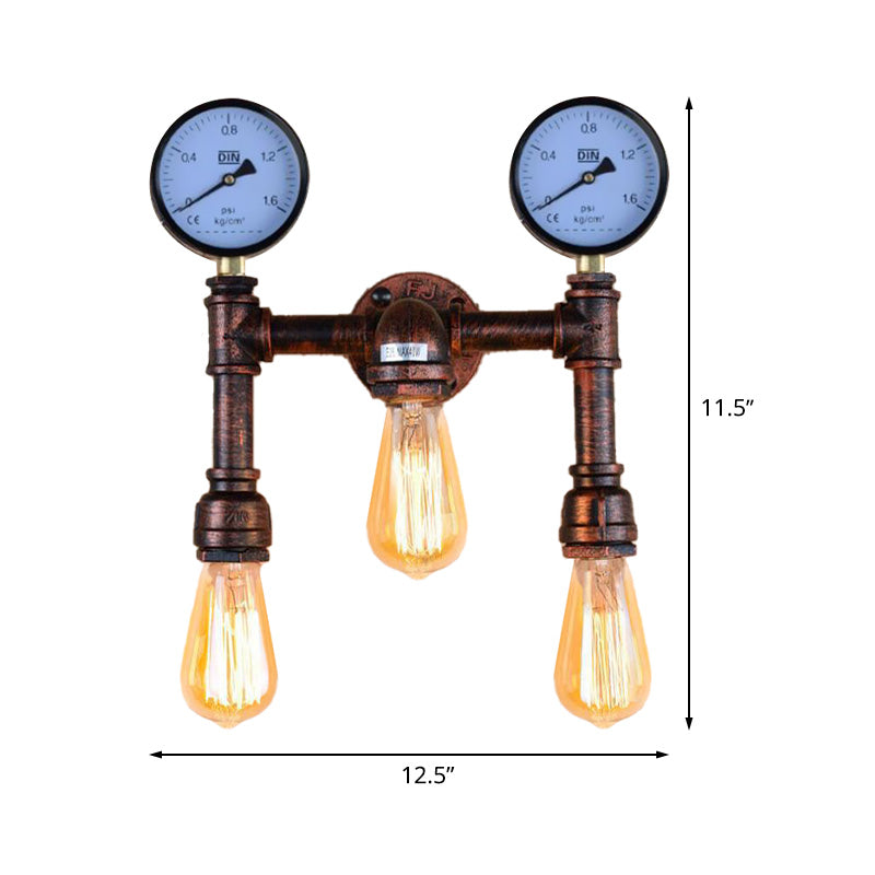 3 Bulbs Wall Light Fixture Vintage Water Pipe Metal Wall Sconce Lamp in Copper with 2-Gauge Deco