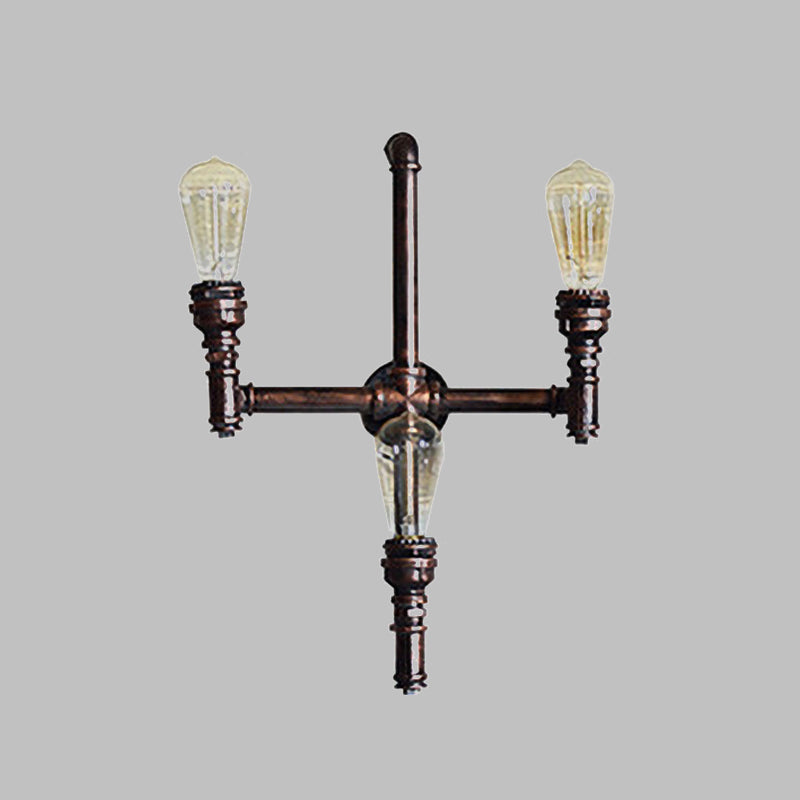 Farmhouse Crossing Pipe Sconce Lighting 3 Bulbs Metallic Wall-Mounted Lamp in Rust