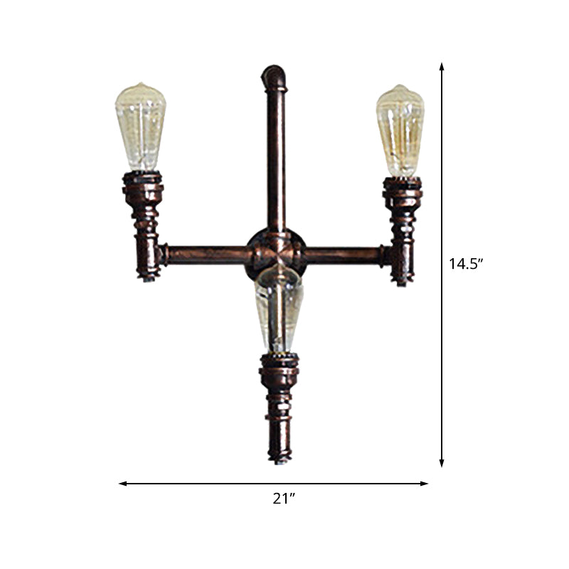 Farmhouse Crossing Pipe Sconce Lighting 3 Bulbs Metallic Wall-Mounted Lamp in Rust