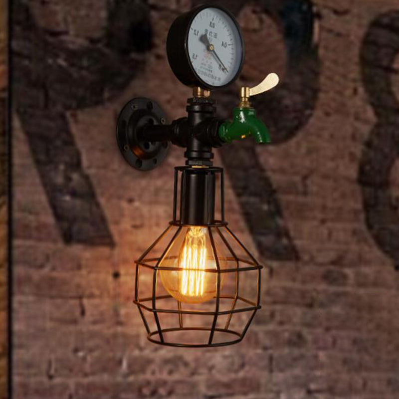 Vintage Wire Cage Wall Sconce Light 1 Bulb Metal Wall Mounted Lamp Fixture in Black with Water Tap and Gauge Deco