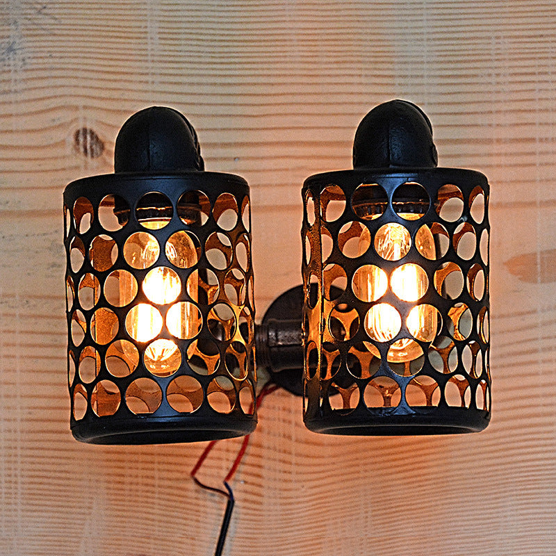 2 Lights Cylinder Sconce Farmhouse Black Finish Metallic Wall Mount Pipe Lamp with Hollow-Out Design
