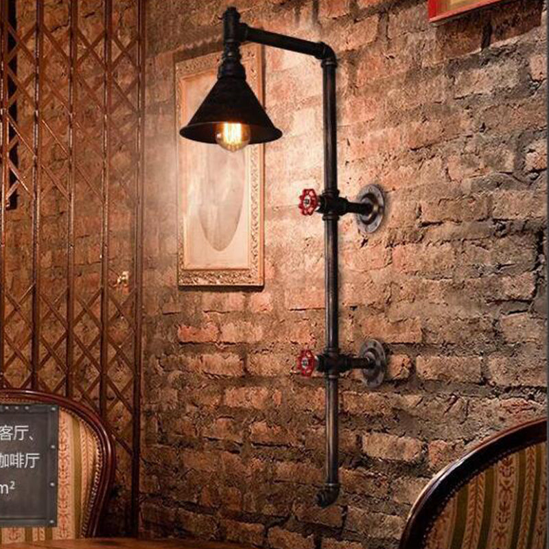 Black Pencil Arm Sconce Light Fixture Vintage 1 Bulb Corridor Wall Mount Pipe Lamp with Valve Deco