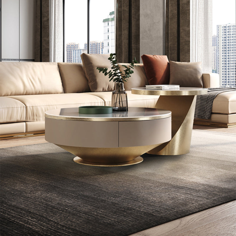 Pedestal Design Grey/gold Slate Top Stainless Steel Pedestal Round Coffee Table