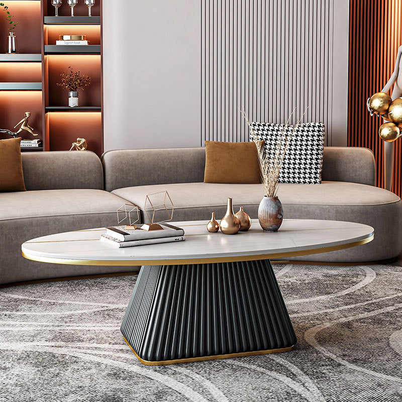 17.7"H Modern Metal Frame Single Foot Base Slate Oval Coffee Table