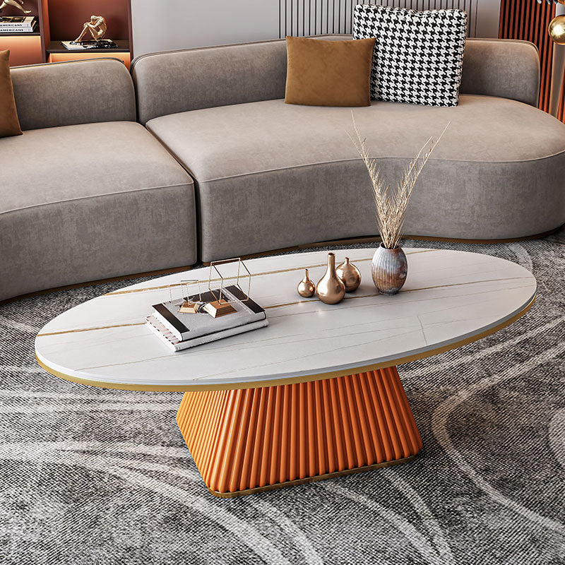 17.7"H Modern Metal Frame Single Foot Base Slate Oval Coffee Table