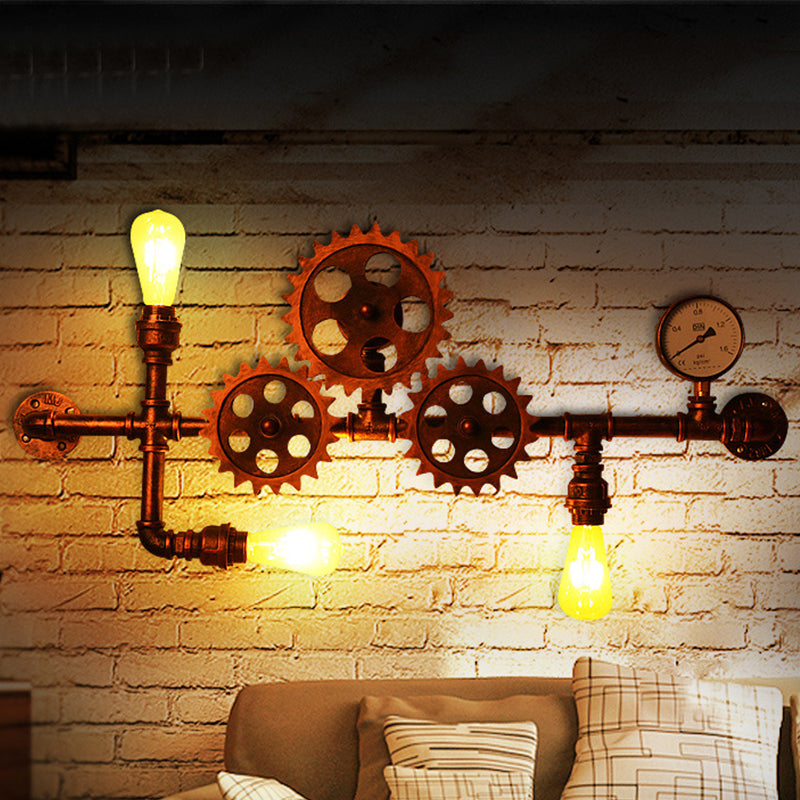 Rust Gear Shape Sconce Lamp Industrial Metallic 3 Bulbs Living Room Wall Mount Light with Linear Design