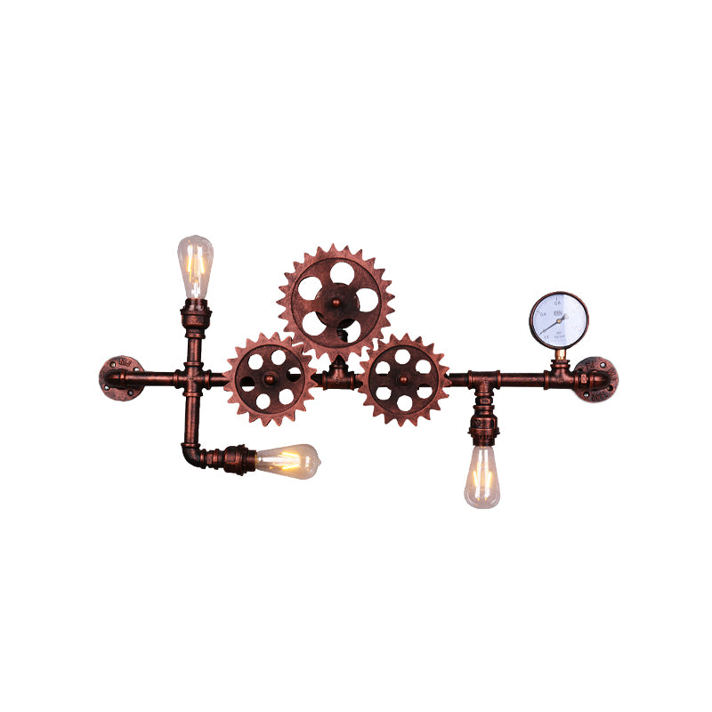 Rust Gear Shape Sconce Lamp Industrial Metallic 3 Bulbs Living Room Wall Mount Light with Linear Design