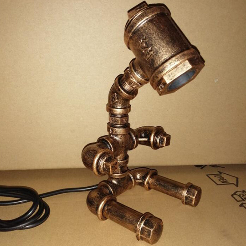 Lampada da tavolo industriale in metallo con lampada da comodino a 1 testa, piccola lampada da scrivania robot seduto in ottone con cavo di collegamento