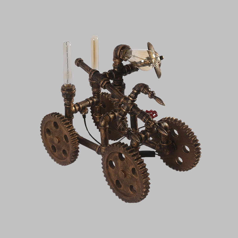 3-Light Iron Nightstand Light Industrial Brass Finish War Chariot Shaped Coffee House Table Lamp with Plug-In Cord