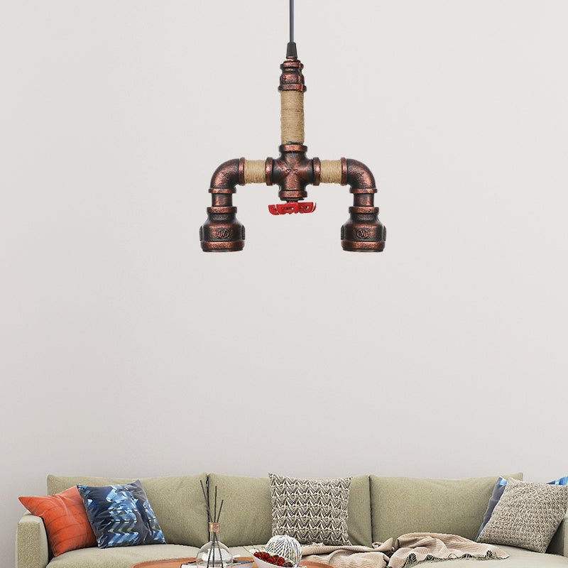 Pipe Corridor Hanging Chandelier Industrial Iron 2 Lights Rust Finish LED Suspended Pendant Lamp