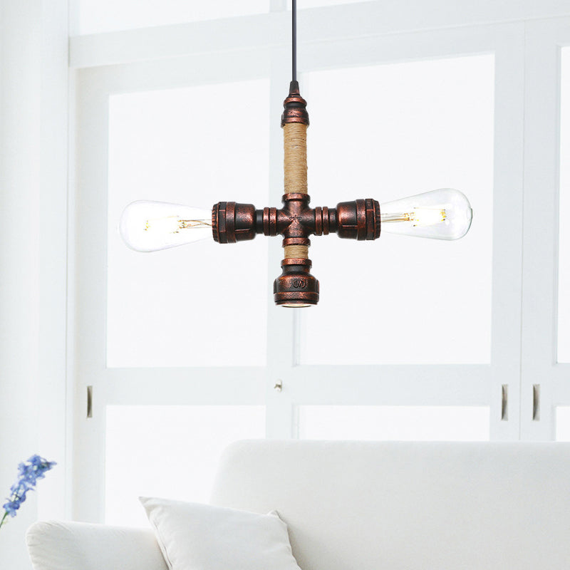2/3 Heads Pendant Chandelier Vintage Water Pipe Metallic Hanging Ceiling Light in Rust, 8"/9"/10" Width