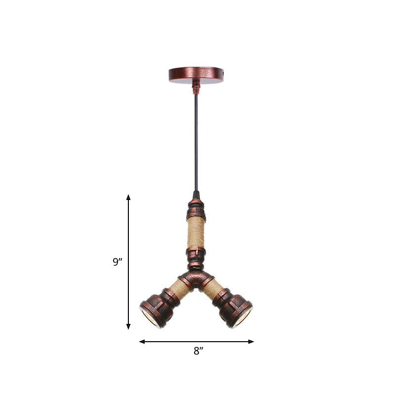 2/3 Heads Pendant Chandelier Vintage Water Pipe Metallic Hanging Ceiling Light in Rust, 8"/9"/10" Width