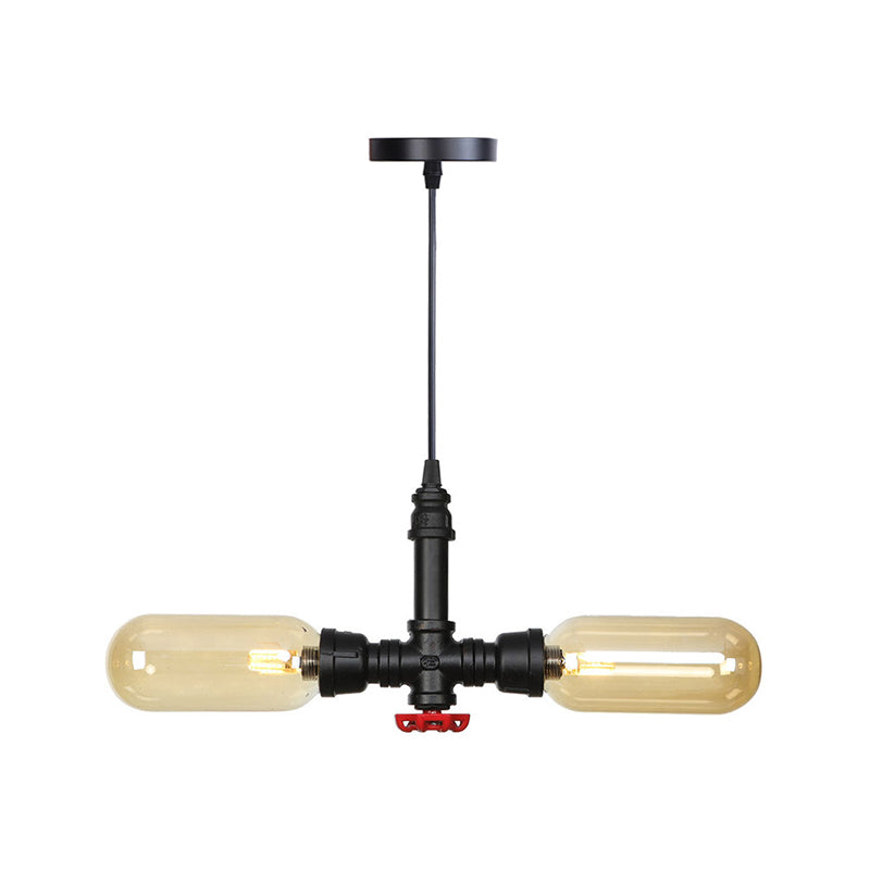Amber Glass Black Suspension Light Pill Capsule 2-Light Industrial LED Chandelier Pendant Lamp