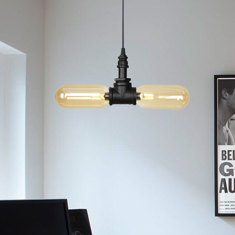 Amber Glass Black Suspension Light Pill Capsule 2-Light Industrial LED Chandelier Pendant Lamp
