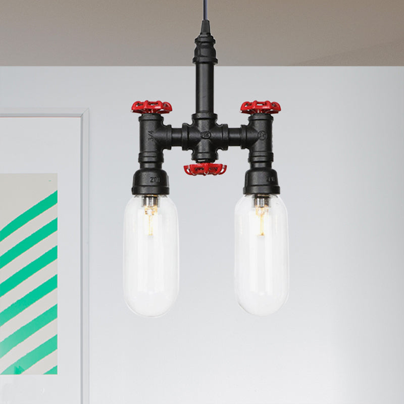 Black Piping Chandelier Lighting Industrial Iron 2/4/5 Bulbs Coffee House Pendant Lamp with Pill Capsule Clear Glass Shade