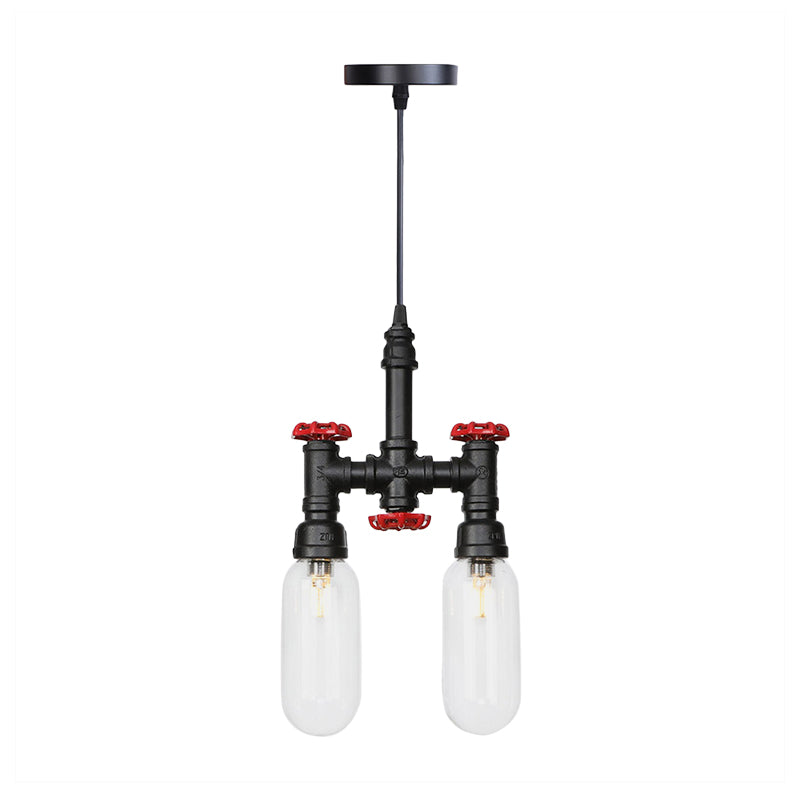 Black Piping Chandelier Lighting Industrial Iron 2/4/5 Bulbs Coffee House Pendant Lamp with Pill Capsule Clear Glass Shade
