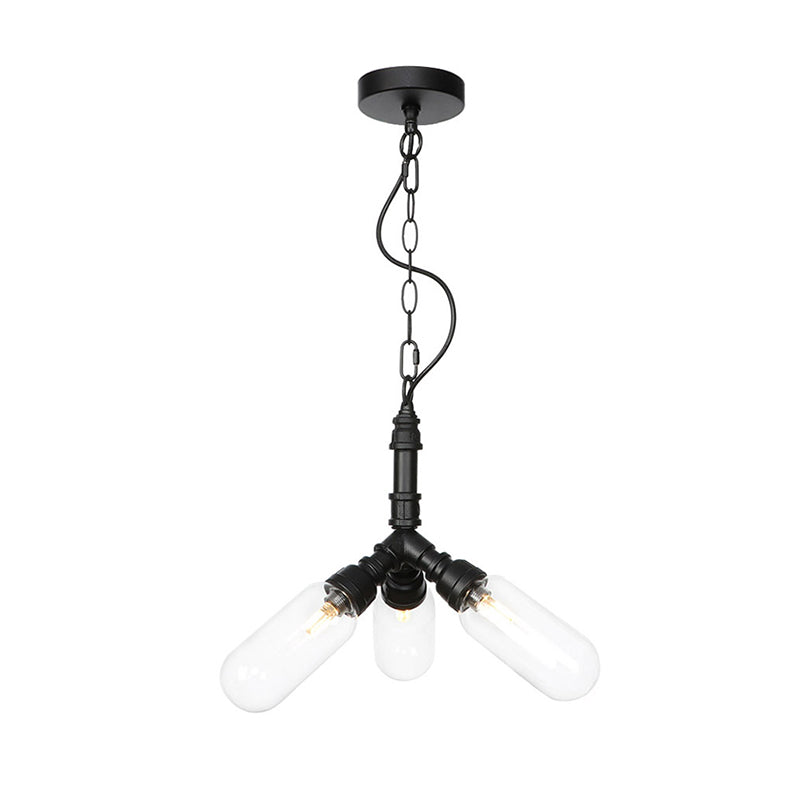 Vintage Water Pipe Chandelier Pendant Light 2/3/4-Light Iron LED Hanging Ceiling Lamp in Black with Capsule Clear Glass Shade