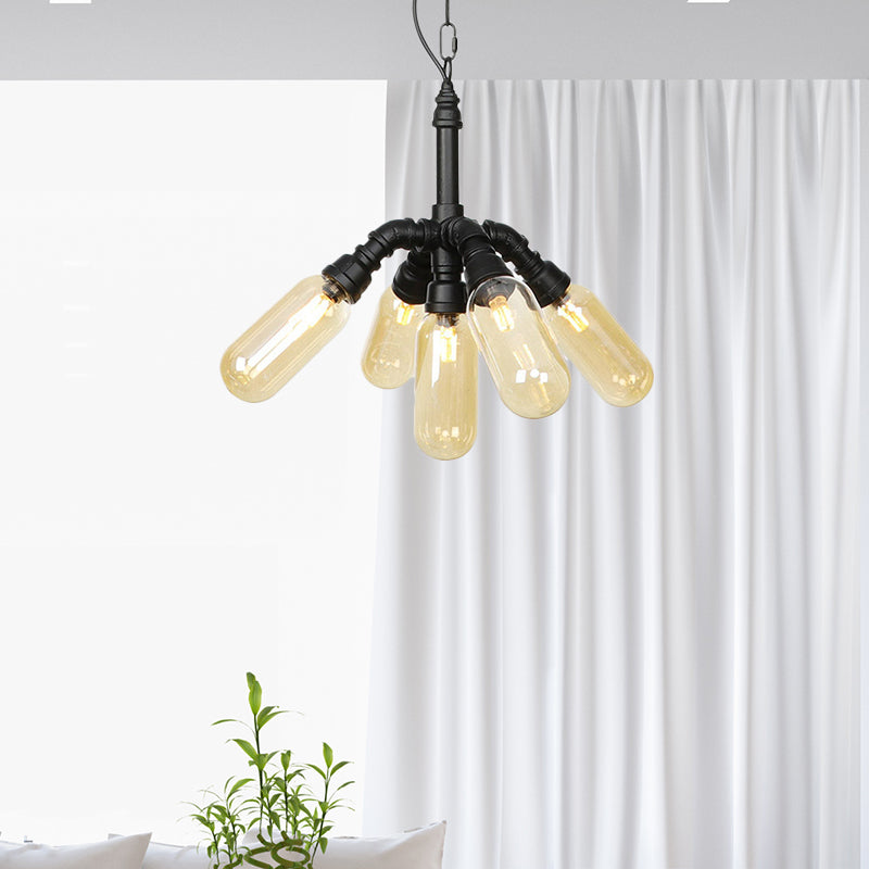 2/3/5 Heads Metal Hanging Light Kit Antiqued Black Finish Sputnik Pipe Bar Chandelier with Capsule Amber Glass Shade