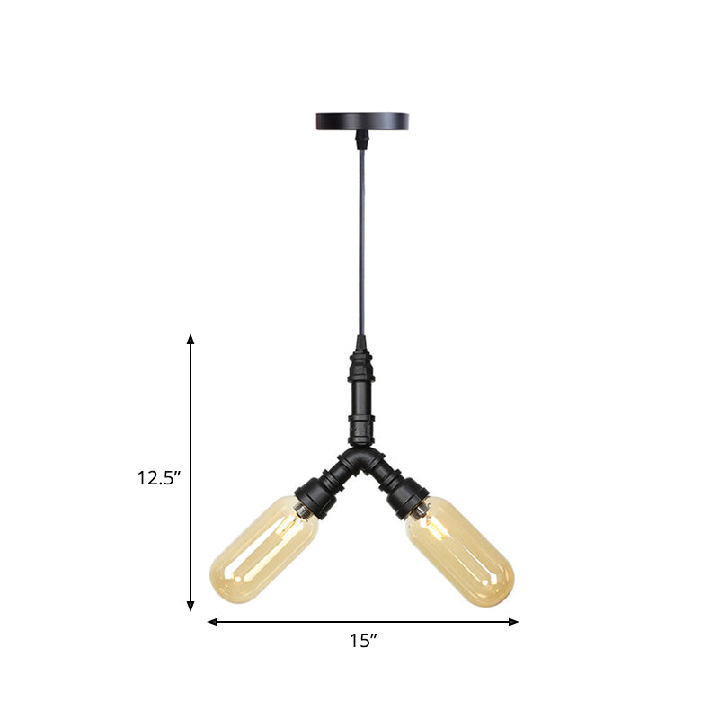 2/3/5 Heads Metal Hanging Light Kit Antiqued Black Finish Sputnik Pipe Bar Chandelier with Capsule Amber Glass Shade