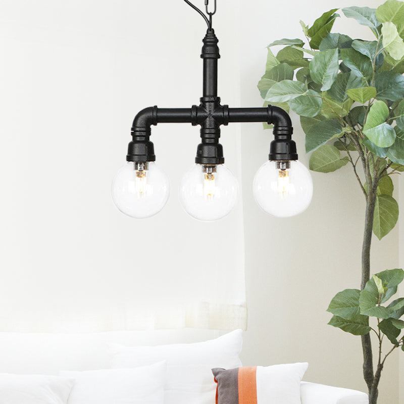 Metallic Black Hanging Lighting Piping 3/4 Heads Vintage LED Chandelier Pendant Lamp with Ball Clear Glass Shade for Bar