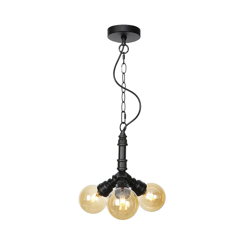 2/3/4-Bulb Chandelier Antiqued Coffee House LED Ceiling Pendant Light with Sphere Amber Glass Shade in Black