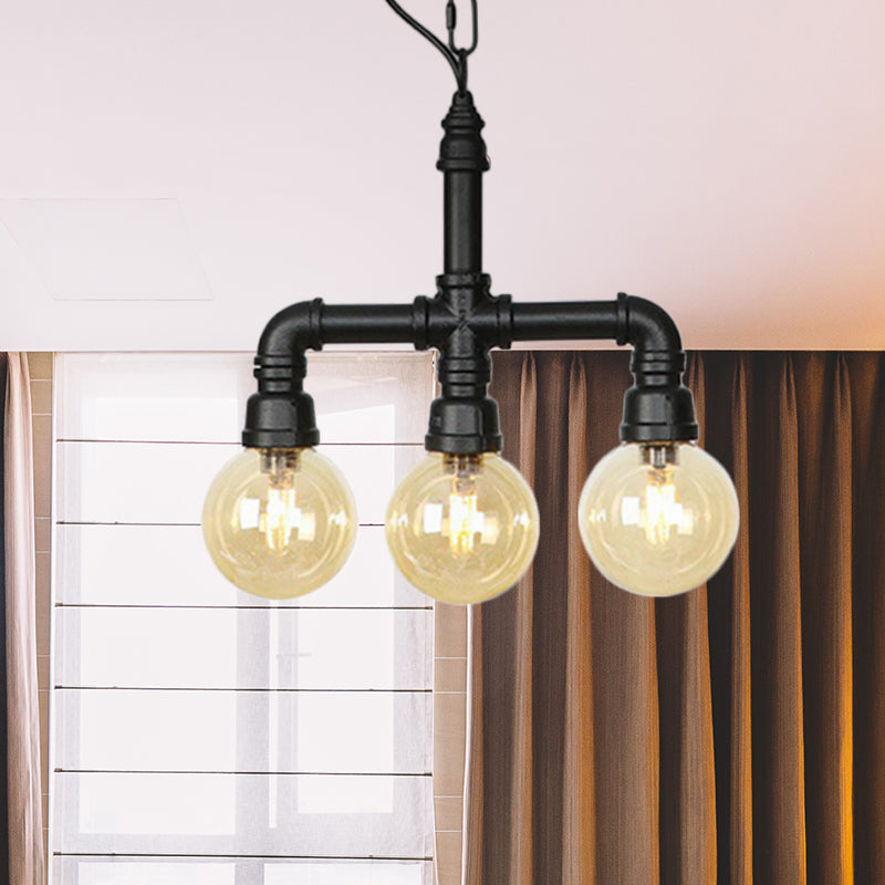 Ball Amber Glass Pendant Light Industrial 3/4 Lights Restaurant LED Ceiling Chandelier in Black with Pipe Arm