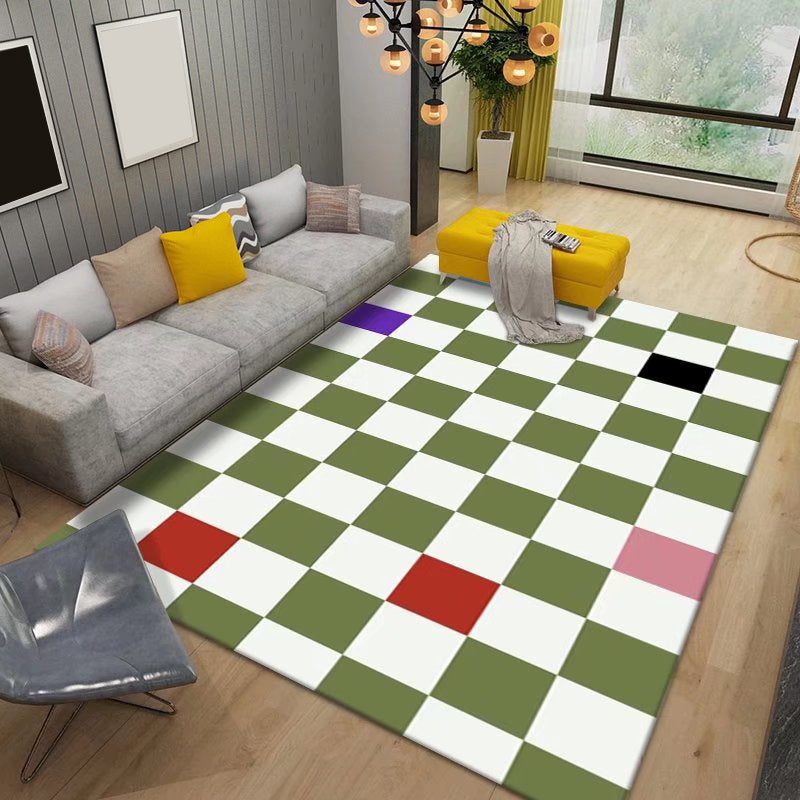 Green Lattice Print Rug Polyester Modern Washable Rug Non-Slip Backing Rug for Living Room