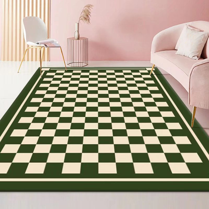 Green Lattice Print Rug Polyester Modern Washable Rug Non-Slip Backing Rug for Living Room