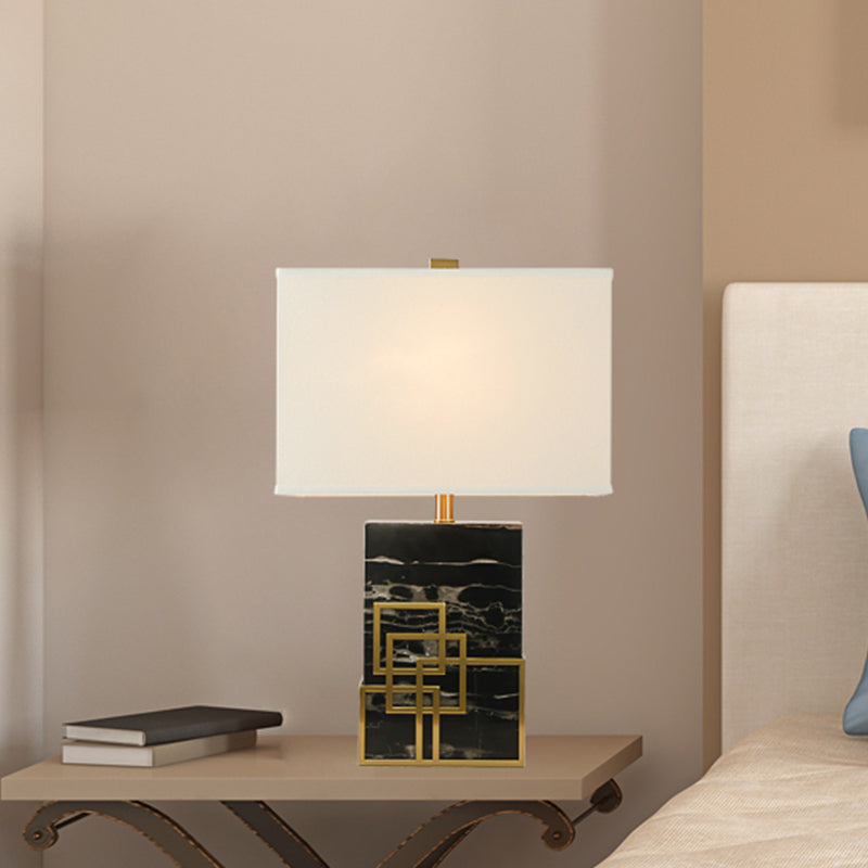 Fabric Shaded Table Lamp Modern 1 Bulb White Desk Light with Black Rectangle Marble Base