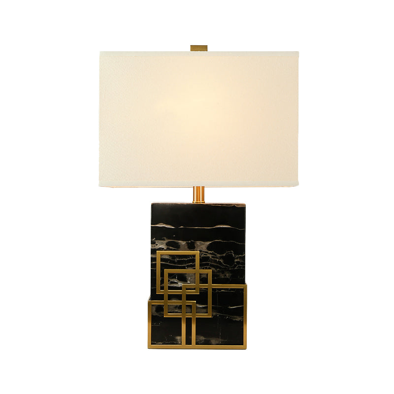 Fabric Shaded Table Lamp Modern 1 Bulb White Desk Light with Black Rectangle Marble Base