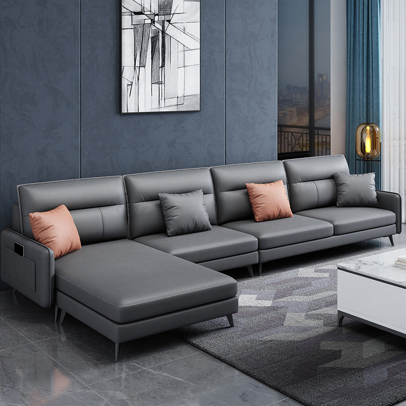 4-seat Sewn Pillow Back Sofa & Chaise Faux Leather Retro Sofa