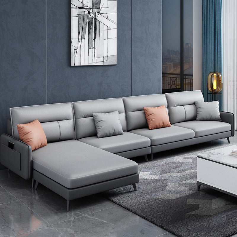 4-seat Sewn Pillow Back Sofa & Chaise Faux Leather Retro Sofa