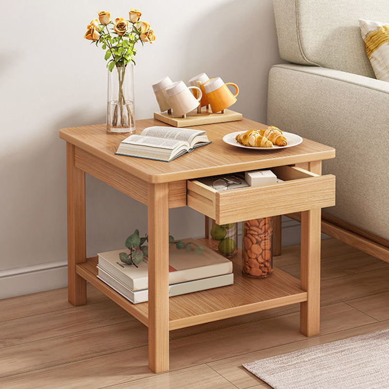 Square Wooden 4 Legs Side Table 1-Drawer End Table with Shelf