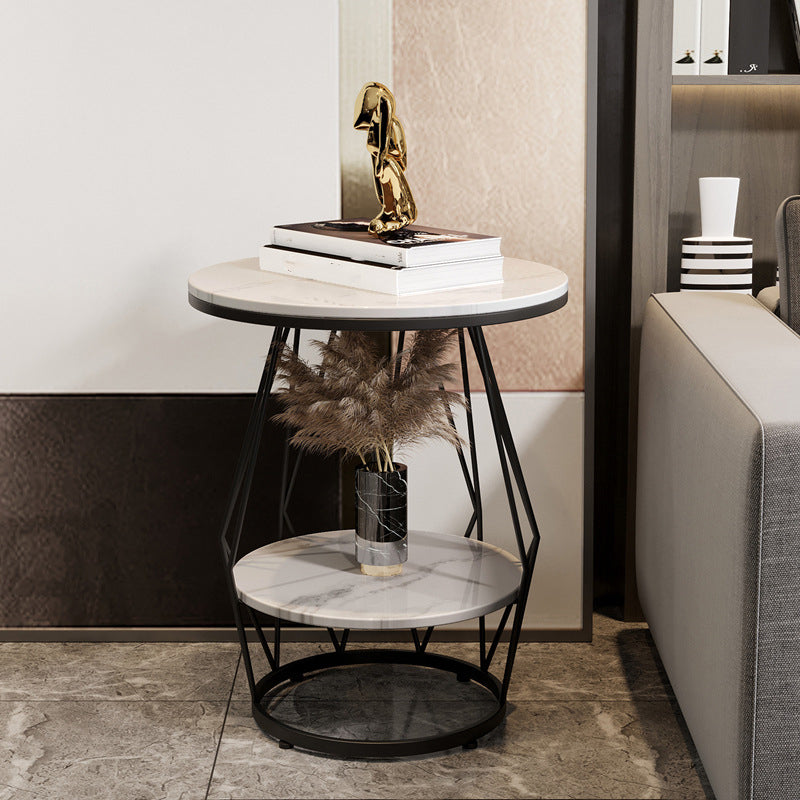 Frame Round Stone Side Table 19.7" W x 19.7" D x 23.6" H End Table with Storage Shelf