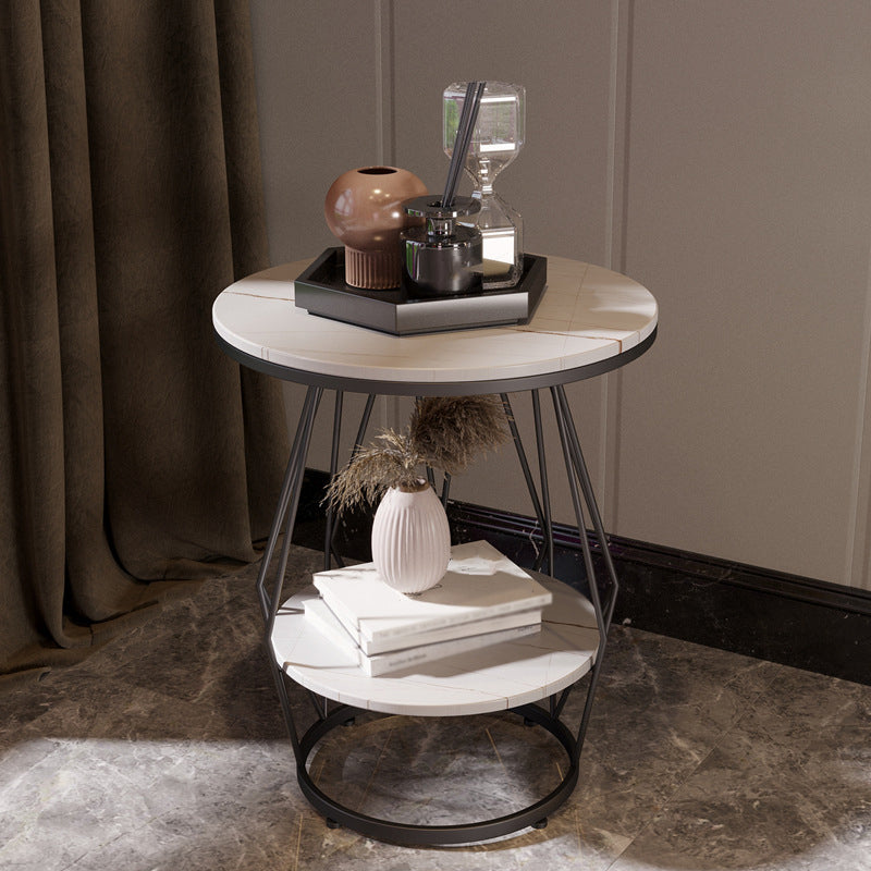 Frame Round Stone Side Table 19.7" W x 19.7" D x 23.6" H End Table with Storage Shelf