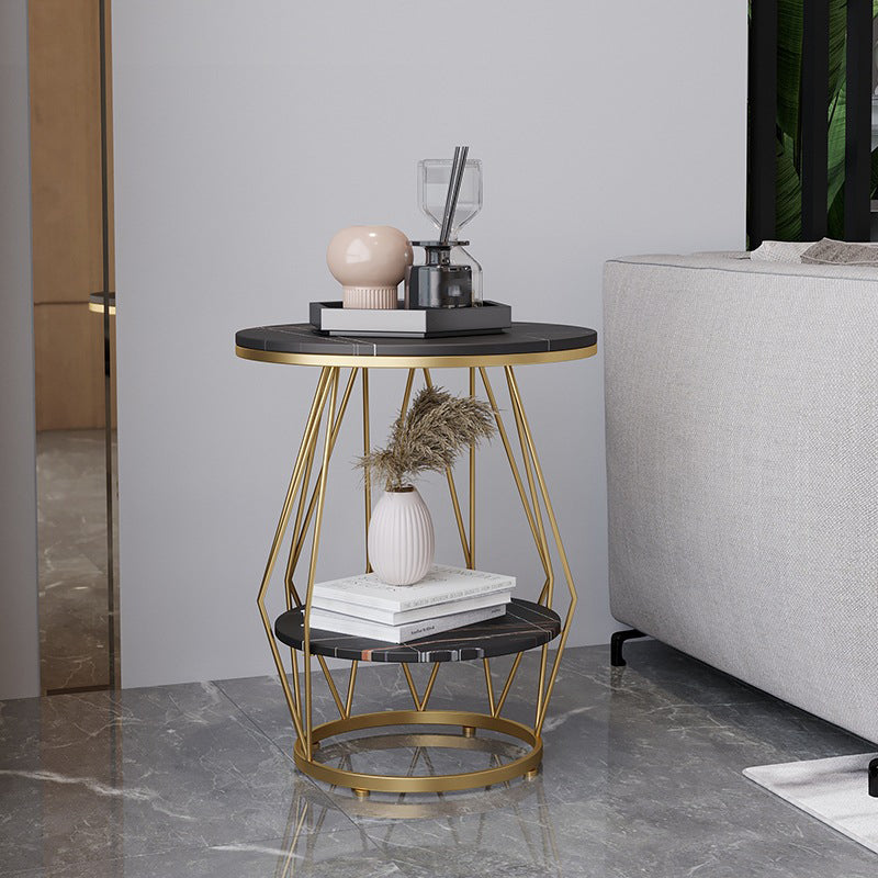 Frame Round Stone Side Table 19.7" W x 19.7" D x 23.6" H End Table with Storage Shelf