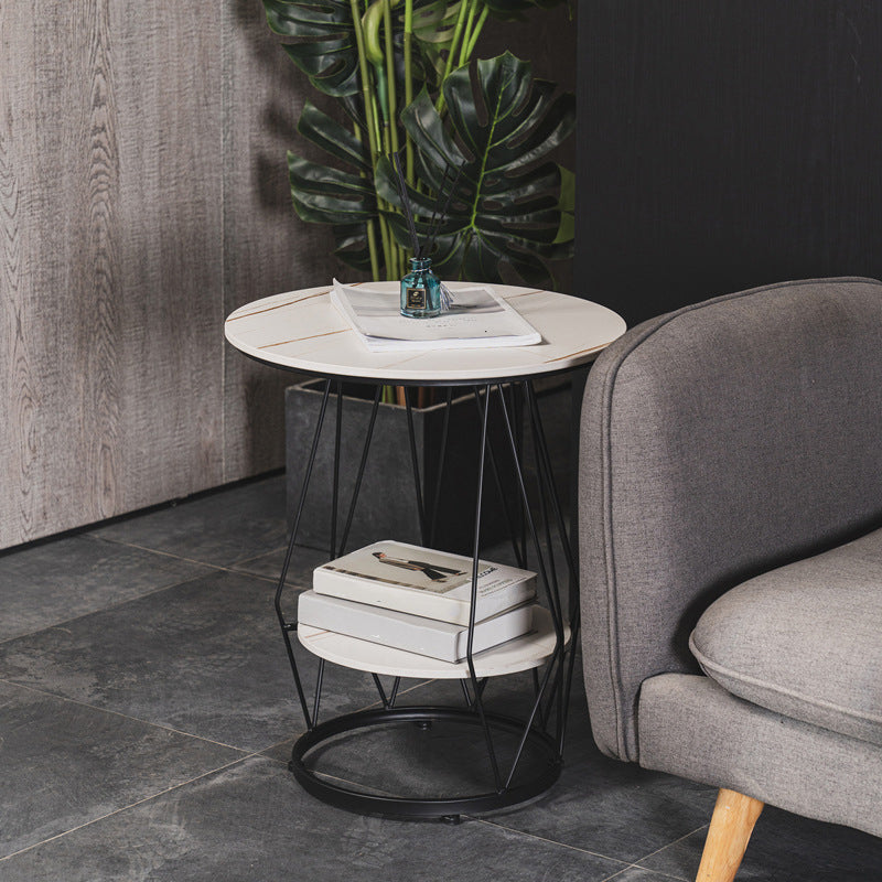Frame Round Stone Side Table 19.7" W x 19.7" D x 23.6" H End Table with Storage Shelf