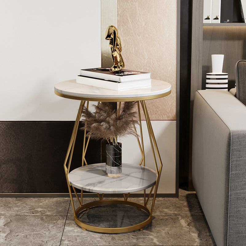Frame Round Stone Side Table 19.7" W x 19.7" D x 23.6" H End Table with Storage Shelf